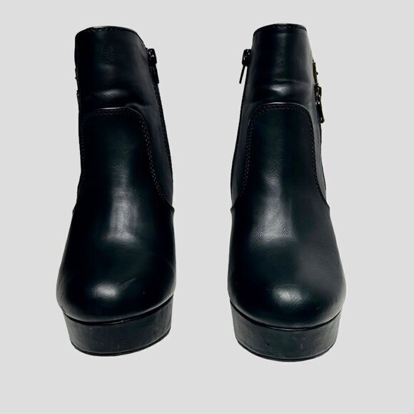 Material Girl Black Heeled Boots Moto Combat Ankle Booties with Heel Buckle Zip - Picture 3 of 12